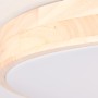 Detailaufnahme: Runde LED-Deckenleuchte Slimline, Holzrahmen, weiße Lichtfläche.