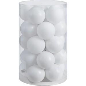 25 weiße Christbaumkugeln (Ø 6cm) aus Kunststoff im transparenten Zylinder.