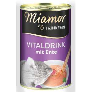 Miamor Katzengetränk Trinkfein Vitaldrink Ente, Dose mit Katzenkopf und Trinknapf.