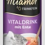 Miamor Katzengetränk Trinkfein Vitaldrink Ente, Dose mit Katzenkopf und Trinknapf.