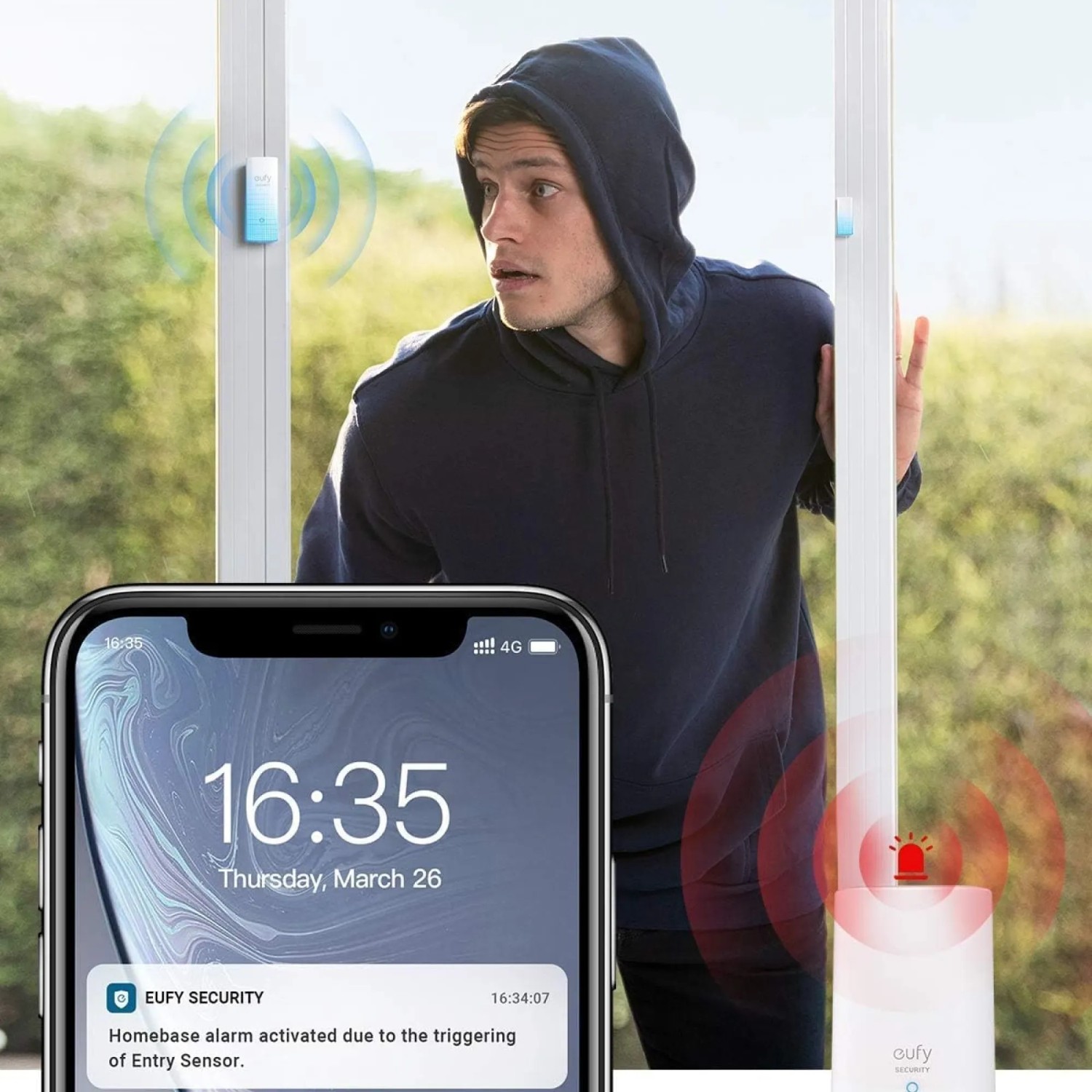 Eufy Alarm-Set: Einbrecher am Fenster, Alarm auf dem Smartphone. Sicherheit für Ihr Zuhause.