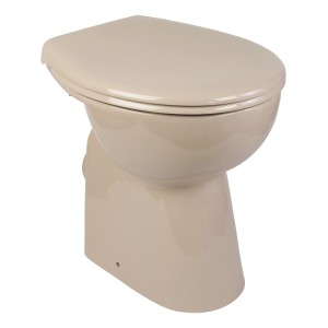 Erhöhtes Stand-WC Set in Bahamabeige mit WC-Sitz und Absenkautomatik.