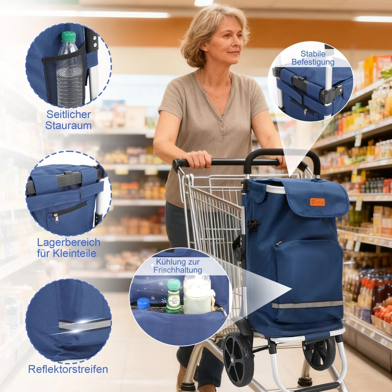 Sekey 3-in-1 Einkaufstrolley blau mit Kühlfach und Spanngurt im Einsatz im Supermarkt.