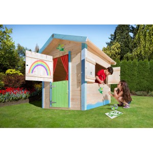 Weka Kinderspielhaus Tabaluga Drachenhöhle mit spielenden Kindern im Garten.