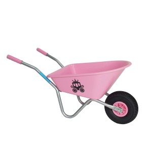 Pinke Kinderschubkarre "Prinzessin" mit Kunststoffwanne und Kutschen-Motiv. Ideal für kleine Gärtnerinnen.