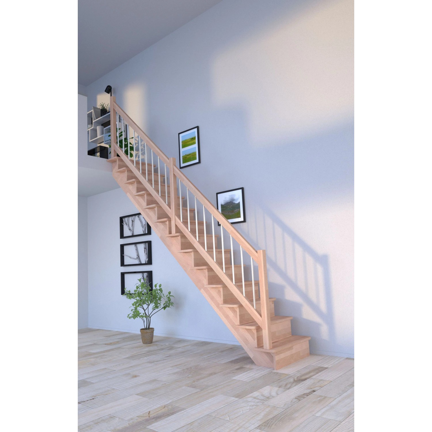 Helle, gerade Buchetreppe Lindos Pro mit Holz-Edelstahl-Geländer und Setzstufen im modernen Wohnraum.