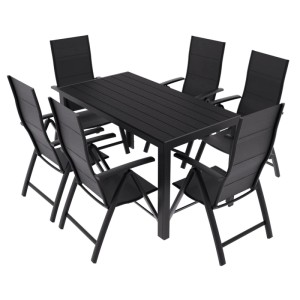 Schwarzes 7-teiliges Gartenmöbel-Set: Tisch mit sechs Stapelsesseln aus Aluminium und Textilene.