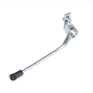 Silberner 28 Zoll Fahrrad Seitenständer aus Aluminium mit schwarzem Fuß.