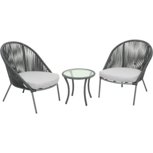 Graue Sitzgruppe Piräus: 2 Stühle mit Seilbespannung und Tisch mit Glasplatte für Garten, Terrasse oder Balkon.