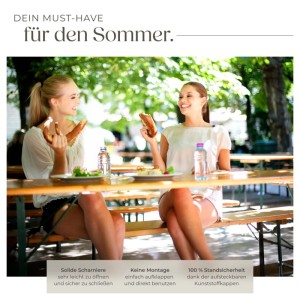Bierzeltgarnitur: Klappbare Festzeltgarnitur mit Tisch und Bänken, ideal für Gartenpartys.