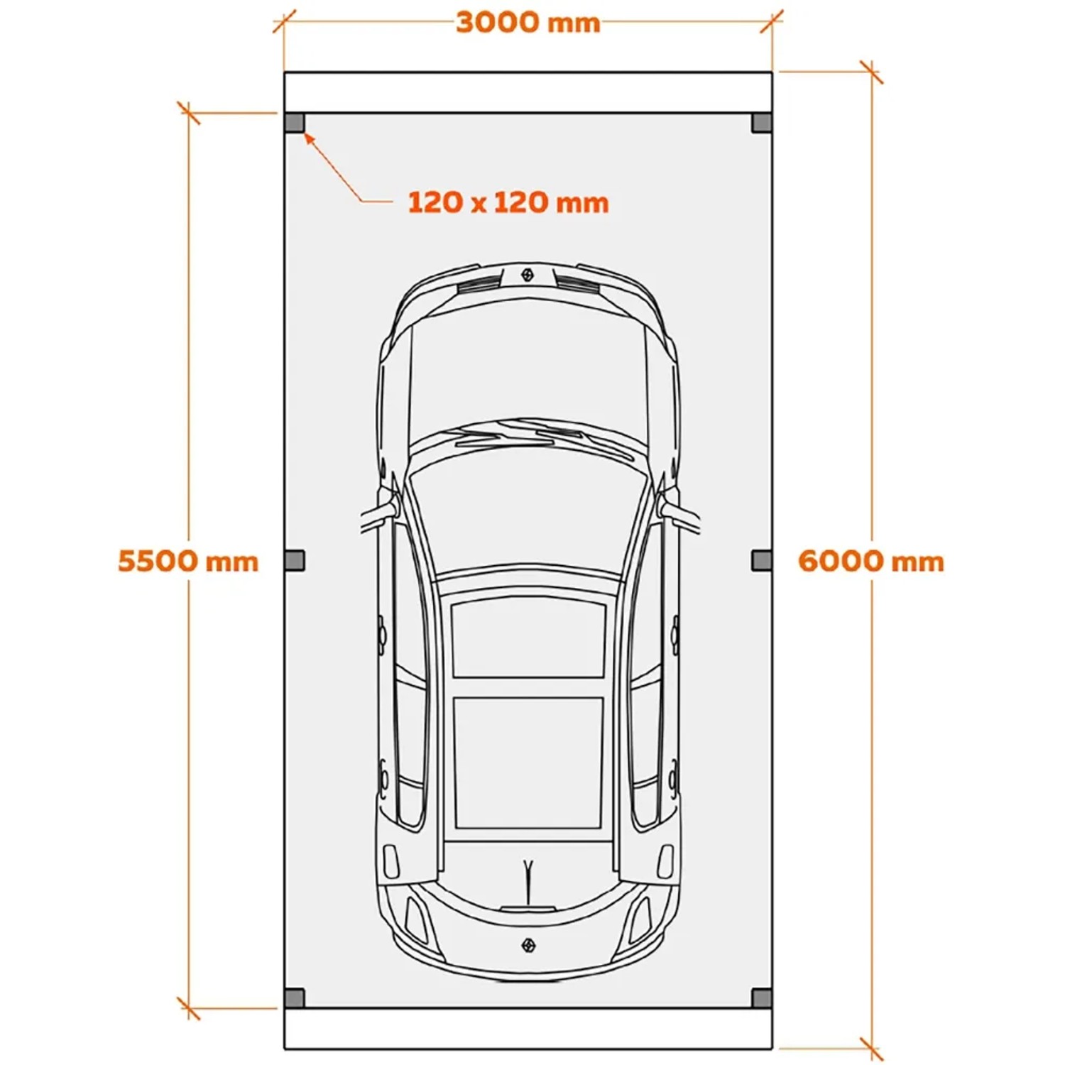 Skizze Einzelcarport Ralf: 300x600cm, Pfosten 12x12cm. Ideal für Auto, Motorrad oder Fahrrad.