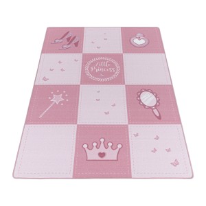 Ayyildiz Kinderteppich Play, 80x120 cm, rosa mit Prinzessin Motiven wie Krone, Spiegel und Schuh.