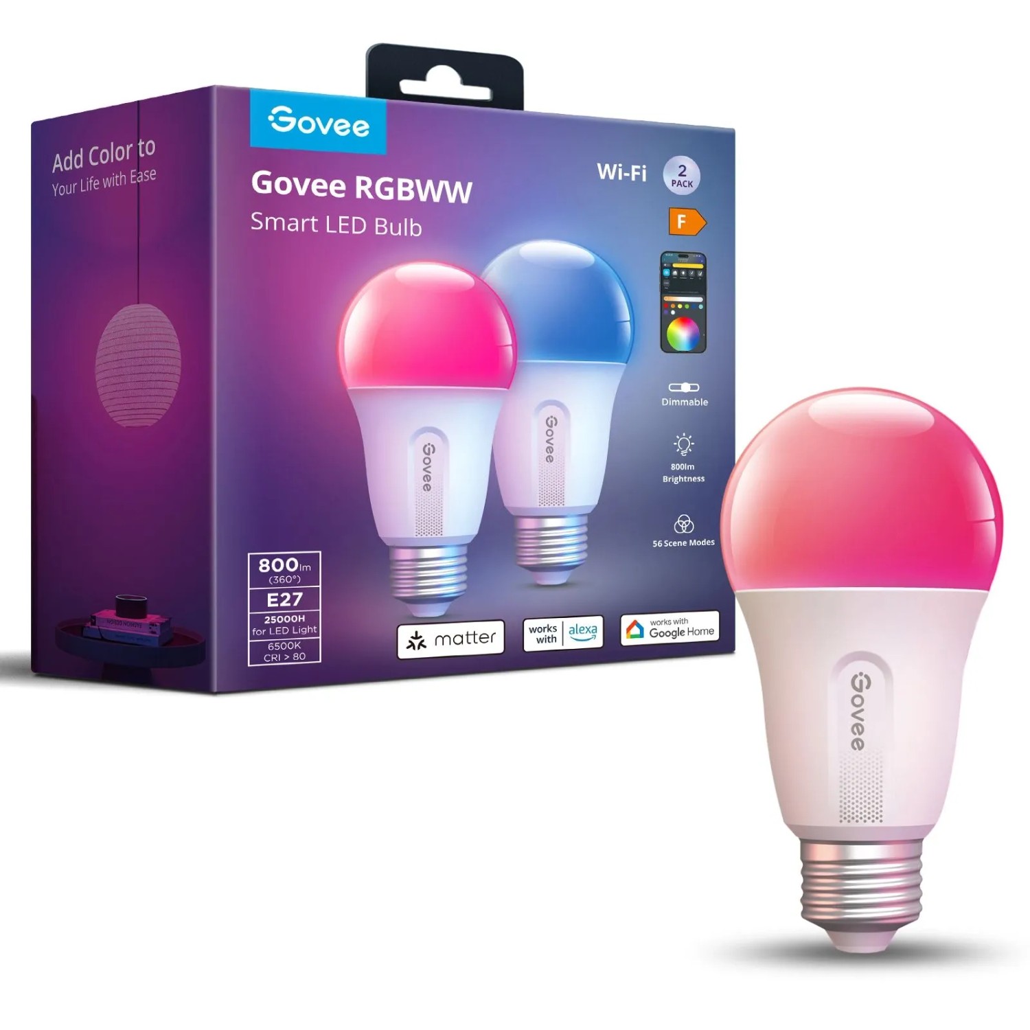 Govee Smart-Leuchtmittel B6004 RGBWW E27 9 W Weiß 800,m 2er Pack