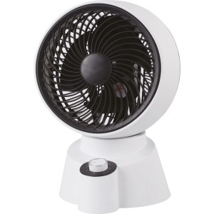 Weißer Tischventilator (50 W) mit schwarzem Rotor und Drehknopf zur Geschwindigkeitsregulierung.