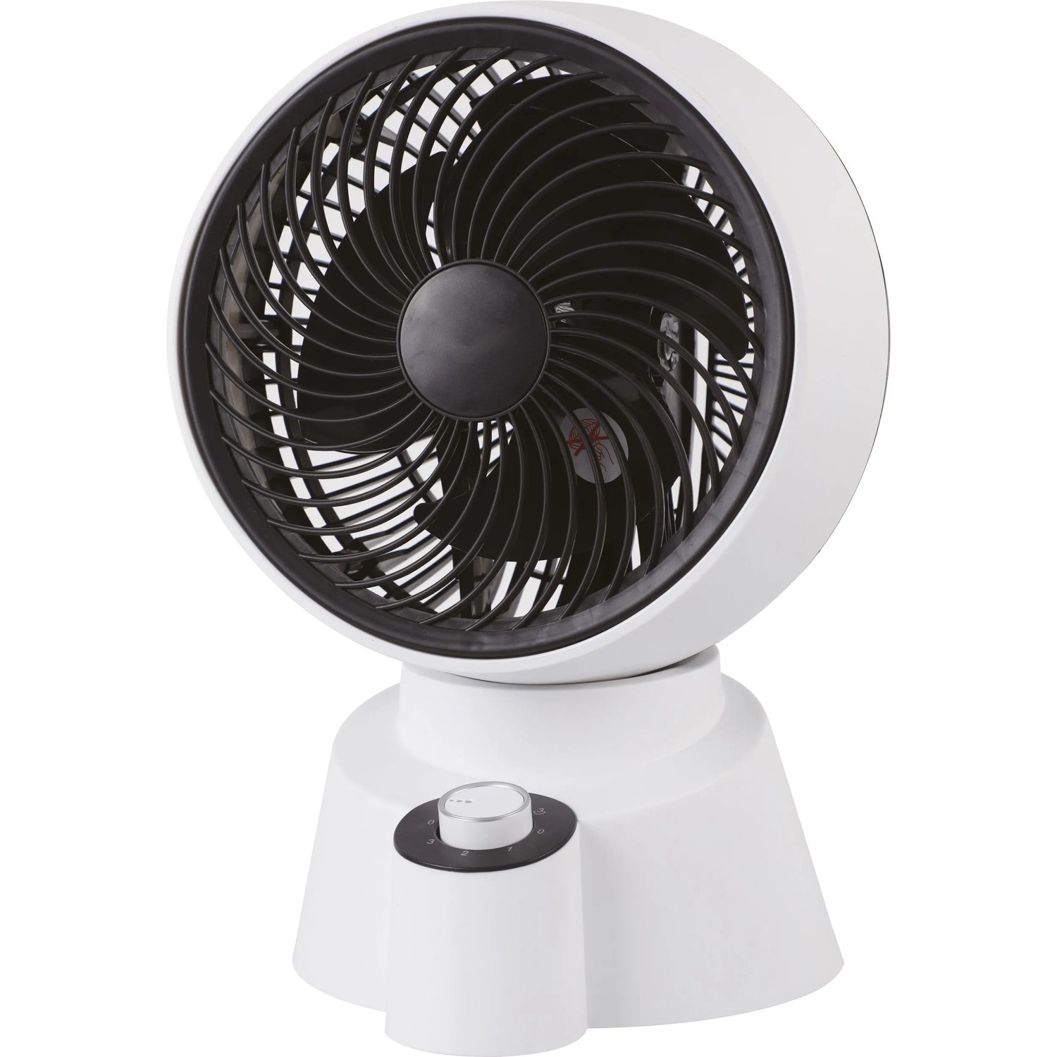 Weißer Tischventilator (50 W) mit schwarzem Rotor und Drehknopf zur Geschwindigkeitsregulierung.