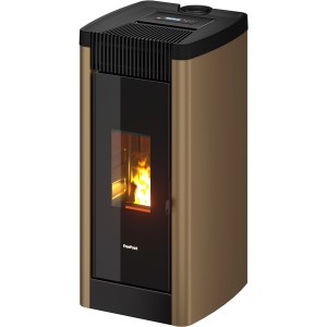 Freepoint Pelletofen STEE Stahl Bronze 8,5 kW mit Sichtfenster und Flammen.
