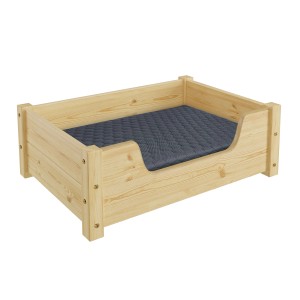 Gemütliches Tierbett aus Kiefernholz mit Rollrost und blauer Matratze, 60x40 cm.