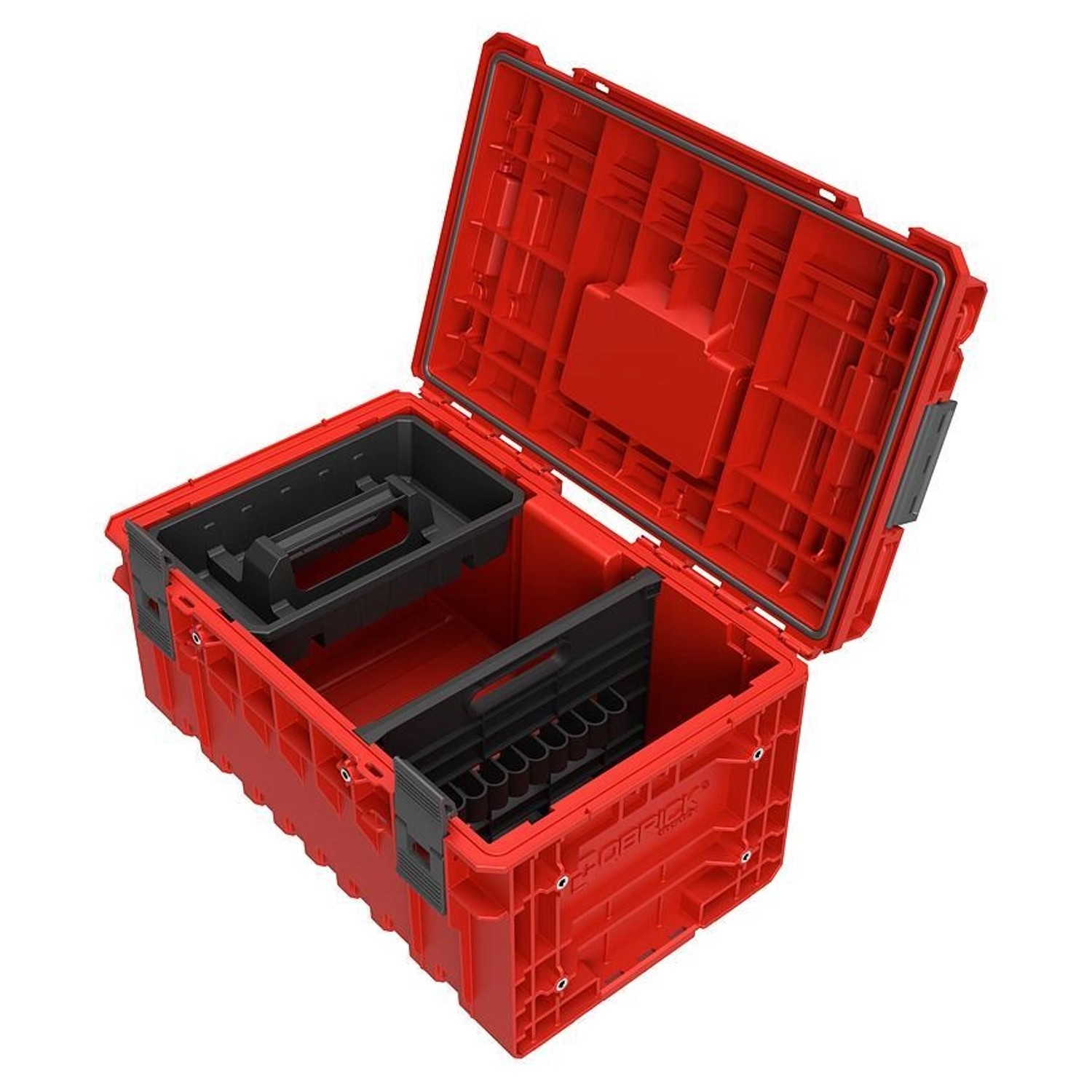 Offener, roter PROREGAL QBRICK Werkzeugkasten mit Trageeinsatz und Werkzeugfächern.