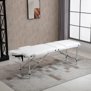 Weiße HOMCOM Massageliege mit Aluminiumrahmen, höhenverstellbar und faltbar.