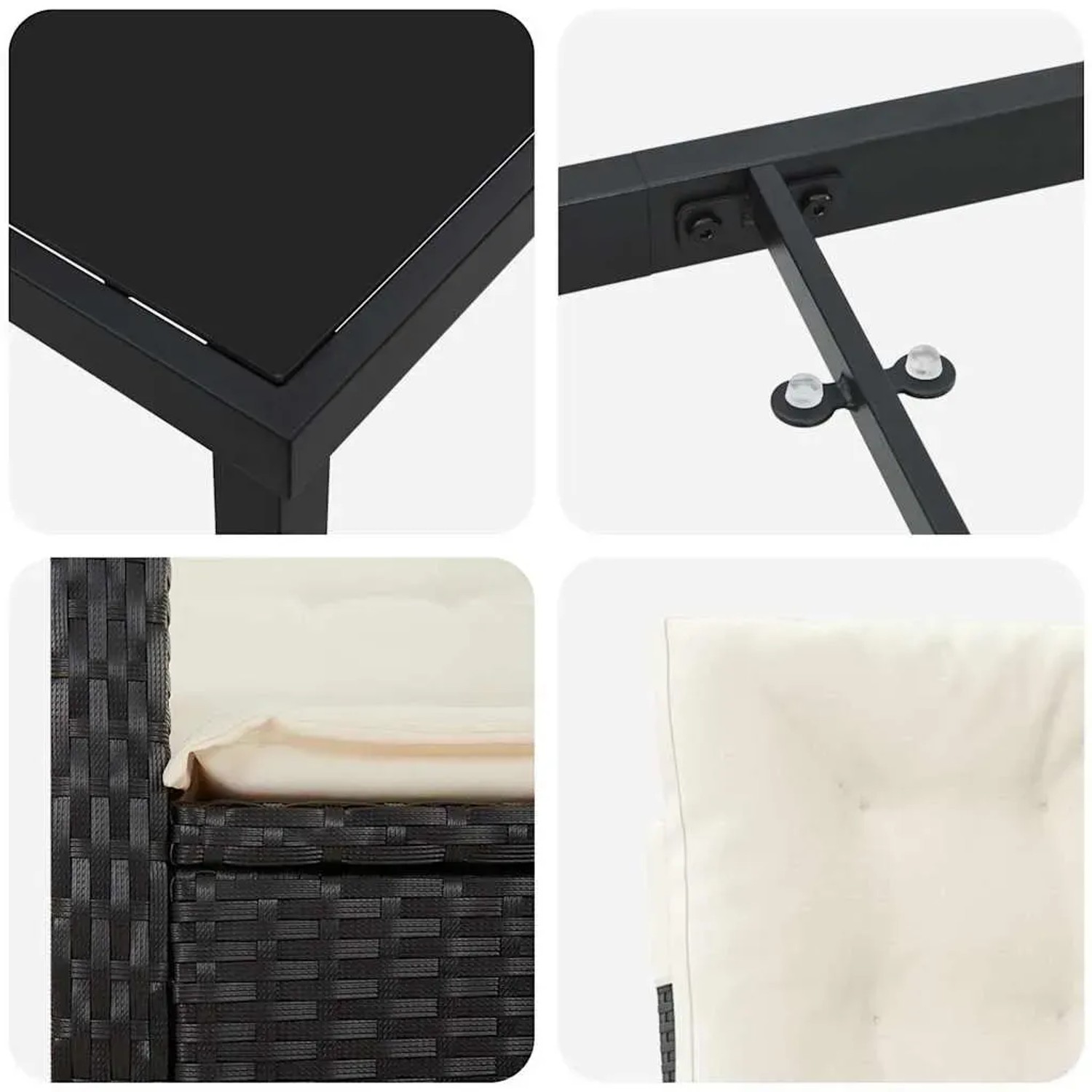 vidaXL Garten Essgruppe, 7-teilig, schwarz, Poly Rattan, Details von Tisch, Stuhl und Rahmen.