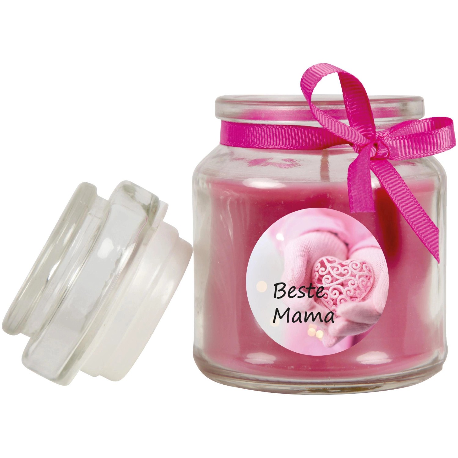 Lila Duftkerze im Glas mit Schleife und "Beste Mama" Aufdruck, ideal zum Muttertag.