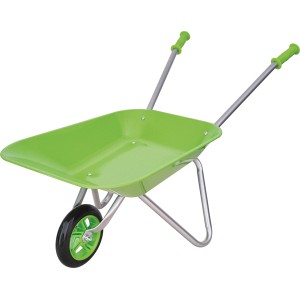 Grüne Kinderschubkarre aus Metall mit Gummireifen für kleine Gärtner.
