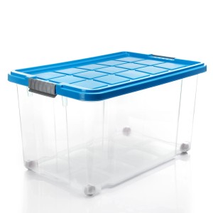 BigDean Aufbewahrungsbox 60L, transparent mit blauem Deckel, rollbar und stapelbar.