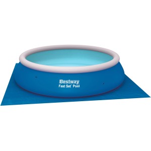 Bestway Pool mit blauer Bodenplane 3,96x3,96m als Bodenschutzmatte.