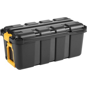 Schwarze Tontarelli BoxOne Kunststoffbox, 70 l, mit gelben Griffen und Schnappverschlüssen.