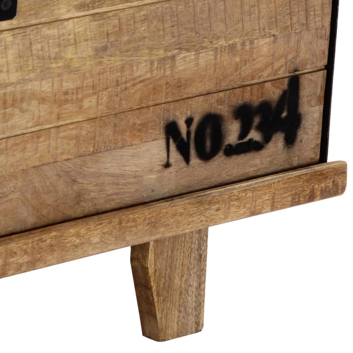 Detailansicht: VidaXL TV-Schrank aus Mango-Holz mit Aufdruck "No. 234"