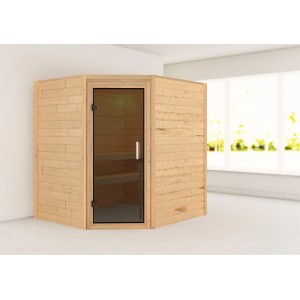 Karibu Sauna Mia Natur aus Massivholz mit Glastür und zwei Liegen.