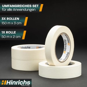 Hinrichs Kreppband Set, 4 Rollen: 3x 50m x 30mm, 1x 50m x 20mm, für Farben & Tapeten Zubehör.