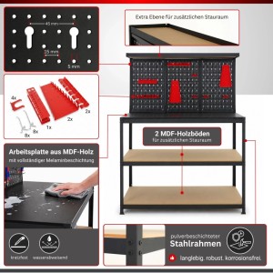 PROREGAL Profi Werkbank ARES Mit Werkzeug Lochwand155x120x60cm Inkl. 25-teiligem Werkzeughalter-Set Schwarz Werktisch Mit Lochplatte Arbeitstisch