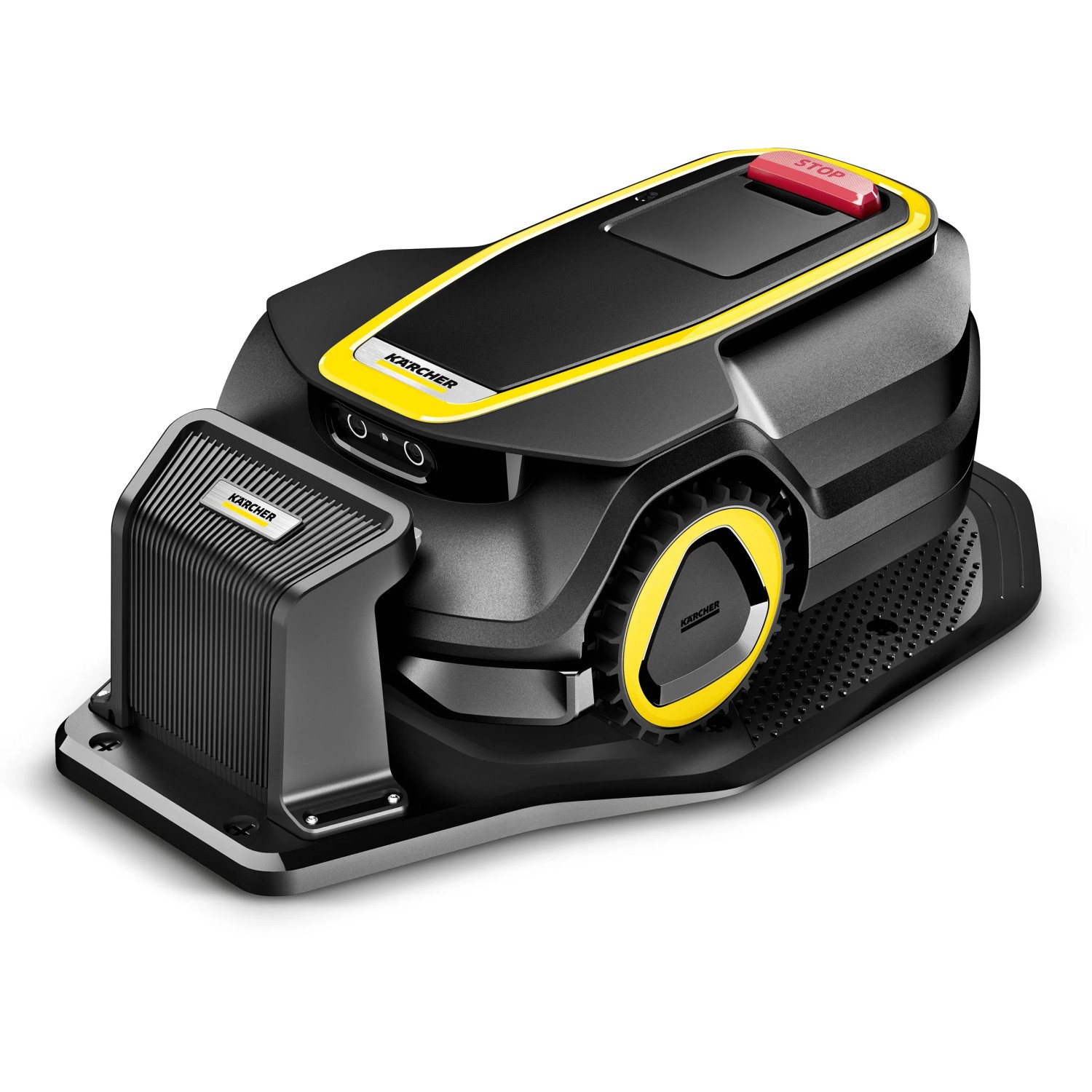 Kärcher RCX 4 Mähroboter, kabellos, mit Igelerkennung und GPS+RTK+Kamera. Schwarz/gelbes Design.