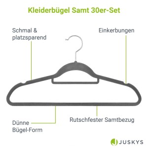 Juskys Kleiderbügel Samt, 30er Set, grau, mit rutschfestem Bezug und Hosensteg.