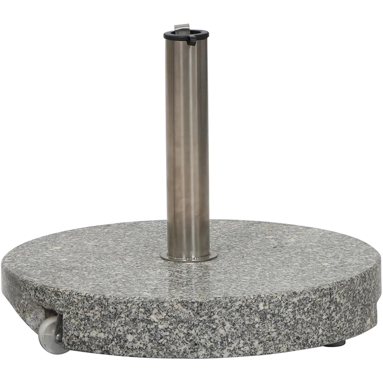 Siena Garden Schirmständer aus grauem Granit, 40 kg, mit Edelstahlrohr und Rollen.