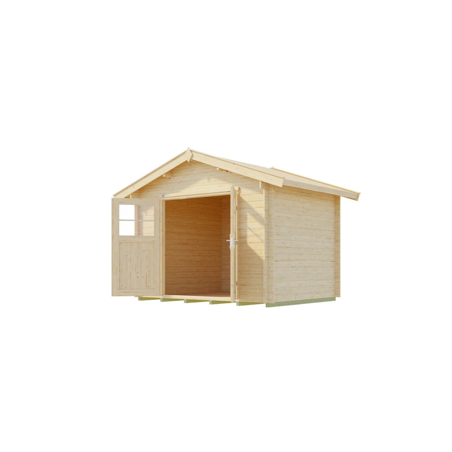 Unbehandeltes Weka Holz-Gartenhaus Sienna mit Satteldach, 300x230 cm. Gartenhaus mit offener Doppeltür und Einzeltür.