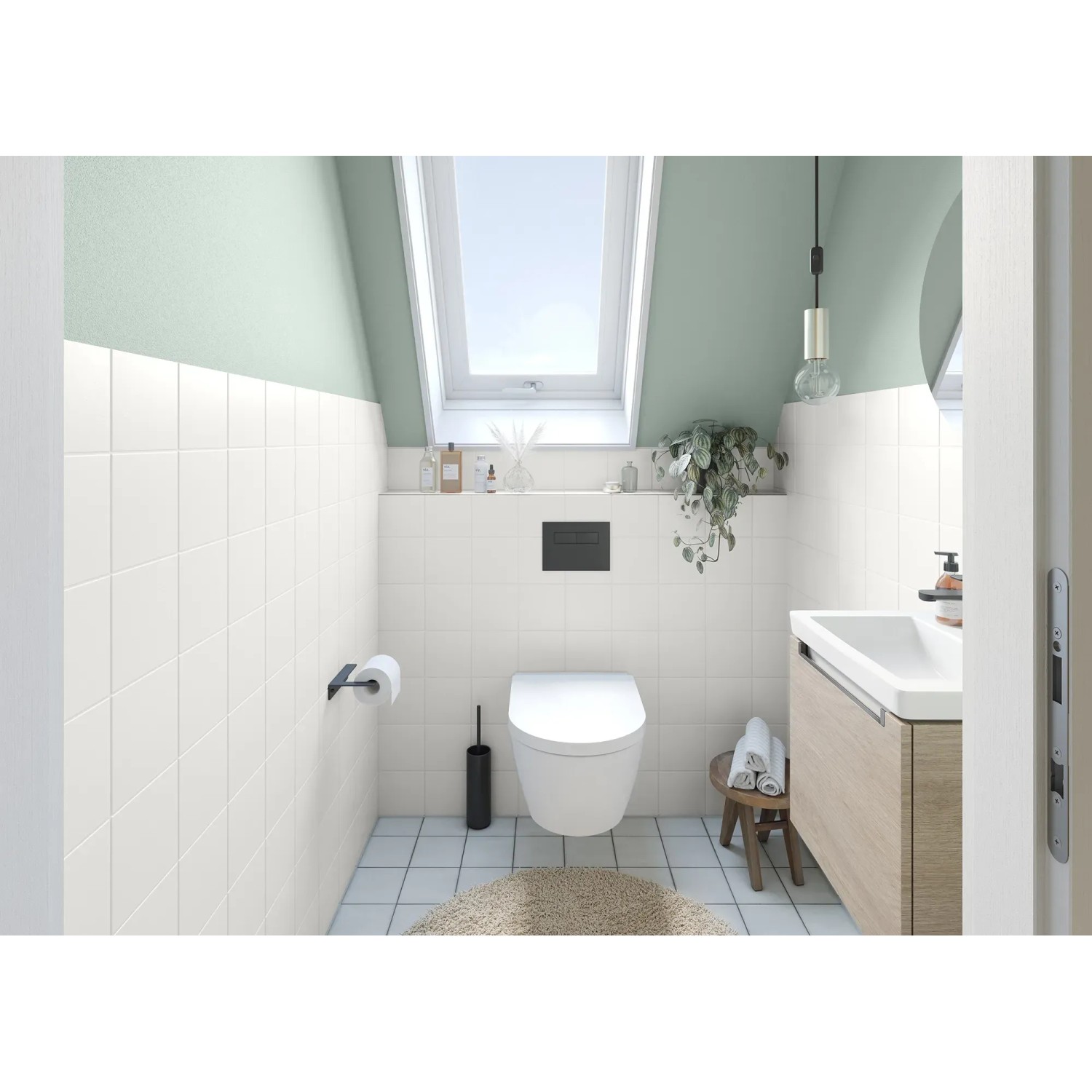 Badezimmer mit Wandfarbe in Salbei von Alpina Bad & Küche, kombiniert mit weißen Fliesen.