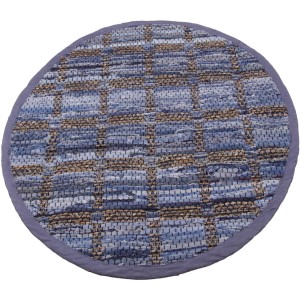 Runder Bestlivings Flickenteppich Jeans Square in verschiedenen Blautönen, 90 cm Durchmesser.