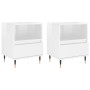 Zwei hochglanz-weiße Nachttische aus Holzwerkstoff mit Schublade und Fach.