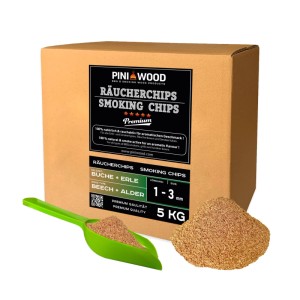 PINI Räucherchips Buche & Erle 5 kg, 1-3 mm, in Kartonbox mit Schaufel und Holzspänen. Ideal zum Grillen & Räuchern.