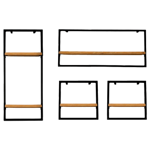 Holz4home Wandregale, 4-teilig, schwarz gerahmt, Eichenholz mit Baumkante.