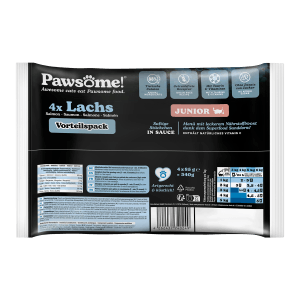 Pawsome Katzen-Nassfutter Junior Lachs, 4er-Pack. Saftige Stückchen in Sauce für junge Katzen.