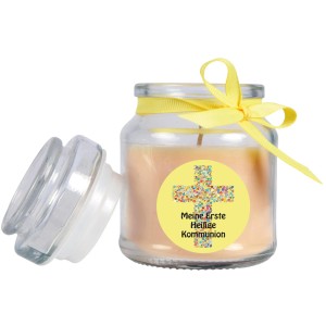 Gelbe Duftkerze im Glas mit Kommunion-Motiv und Vanille-Duft.