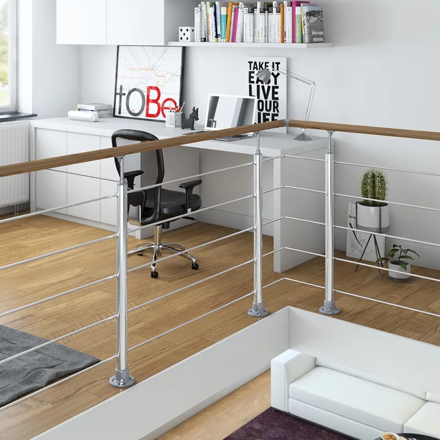 Dolle Geländerset mit Eichehandlauf, Bodenmontage, 150 cm, für den Innenbereich. Treppengeländer mit Holzhandlauf und Metallpfosten.