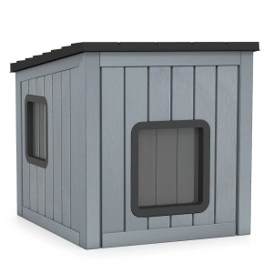 Graues, winterfestes Costway Katzenhaus mit Holzstruktur, schrägem Dach und zwei Eingängen. Robustes PP-Material.
