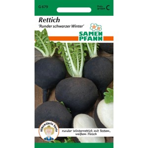 Samenpackung: Runder, schwarzer Winter Rettich mit grünen Blättern und weißem Rettich.