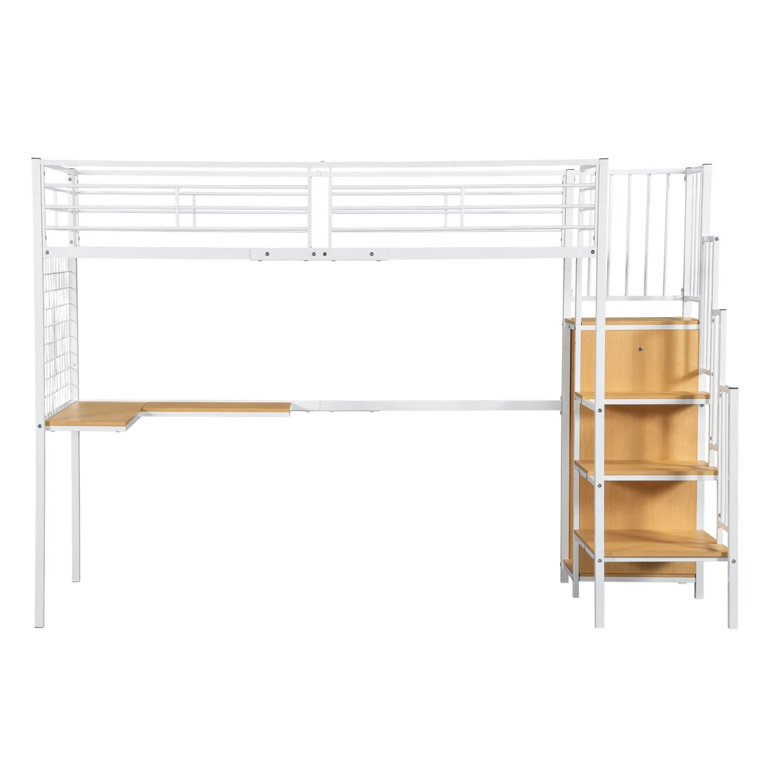 KOMHTOM Etagenbett 90x200Cm Hochbett Eisenbett Mit Tisch Und Kleiderschrank Seitenleiter Mit Handlauf Eisen+Spanplatte Weiß+Natur