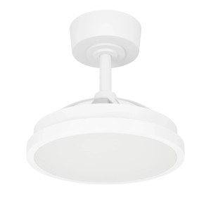 Weißer Eglo LED-Deckenventilator Malpica mit eingezogenen Flügeln, wirkt wie eine moderne Deckenleuchte.
