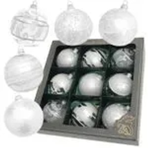 9er Set Krebs Glas Lauscha Weihnachtskugeln, silberne Schneeflocken, 8cm, im Karton.